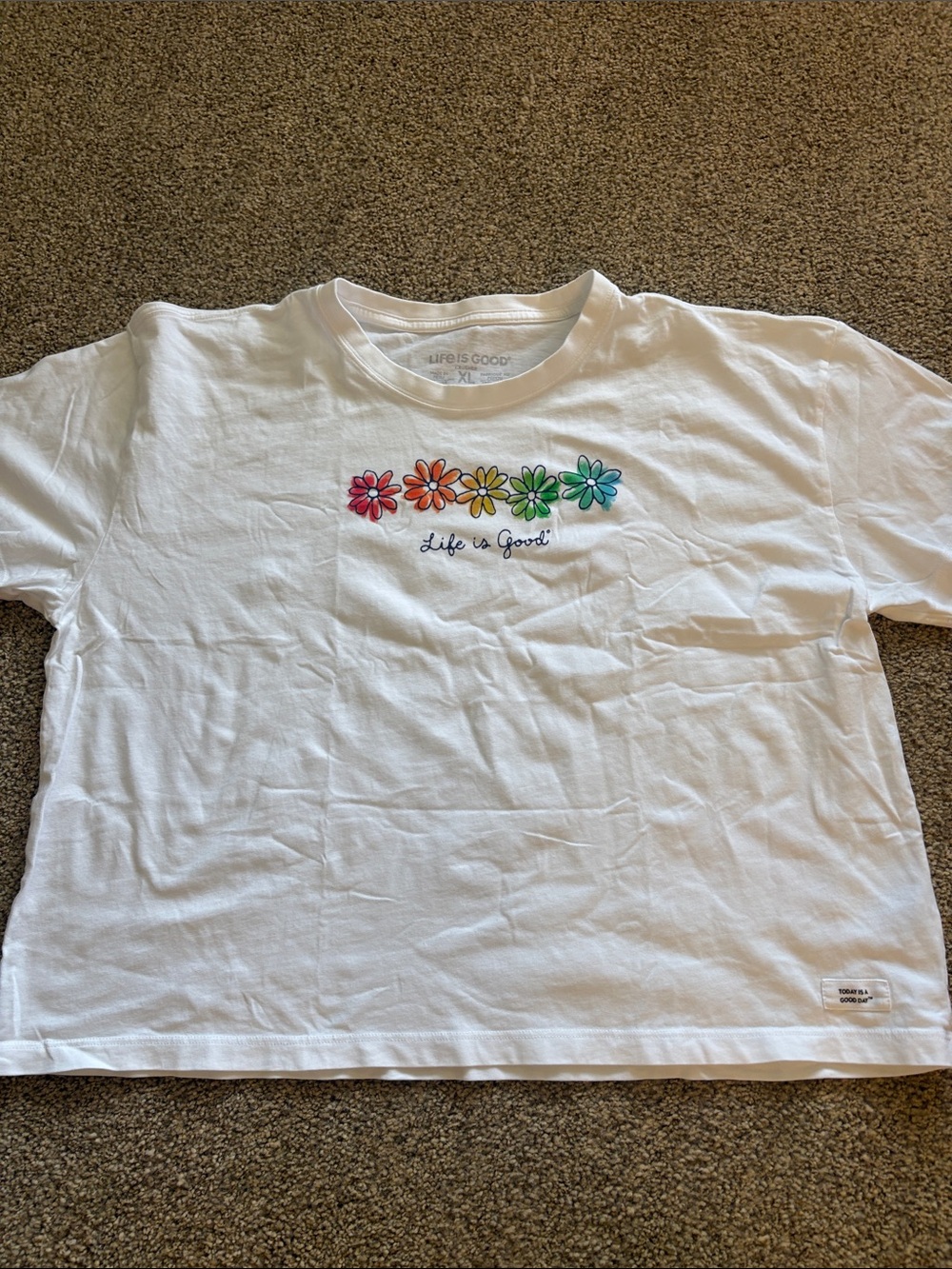 Life Is Good White Tee with Rainbow Flower Row